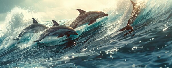 Playful dolphins frolicking in clear ocean waves, 4K hyperrealistic photo