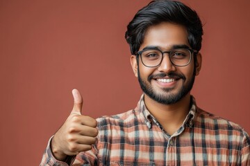 Indian handsome man showing Ok sign with thumbs up for approval, Generative AI