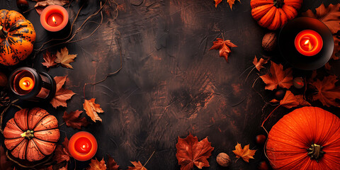 Wall Mural - Brown fall background, top view of orange pumpkins, candles and autumn leaves with copyspace, halloween or Thanksgiving header or web banner