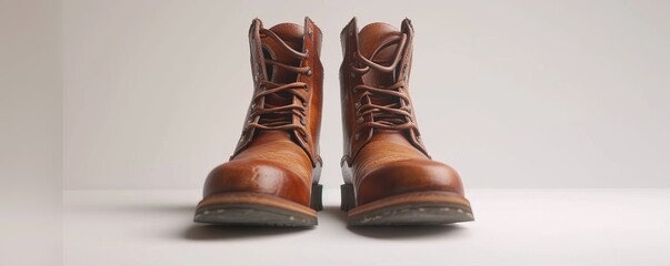 Pair of stylish leather boots on white background, 4K hyperrealistic photo