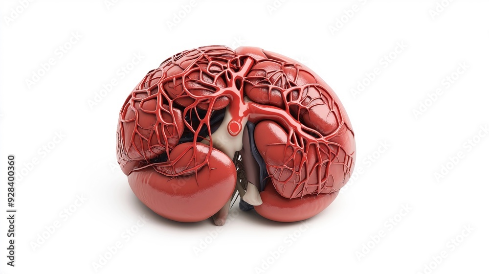 Medical illustration of a human brain with exposed blood vessels ...