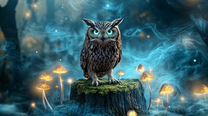 Happy Halloween ! 3D Owl illustration character with pumpkin and ghost in a horror cemetery