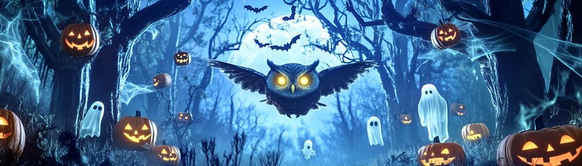 Happy Halloween ! 3D Owl illustration character with pumpkin and ghost in a horror cemetery