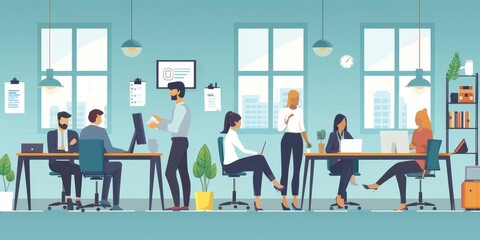 Wall Mural - flat  illustration group business team meeting  and working  collaboration in office workplace concept, Generative AI