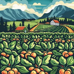 icon potato plantation farm scene with mountains, colorful, humorous, iconic, simplistic