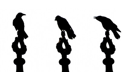 Striking silhouette of three crows perched on rooftop structures against a stark white background, evoking a sense of mystery and foreboding with its minimalistic contrast.