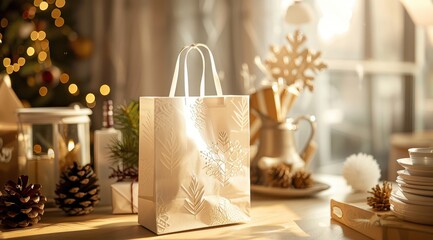 Christmas craft paper bag on the table, close-up, l, bright tones, white tones