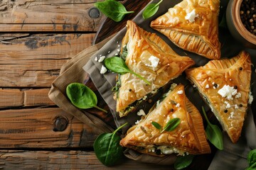 Canvas Print - Feta and spinach pastries on wood table