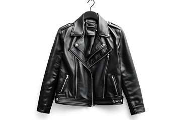 Men's leather jacket with fur sheepskin on white background,