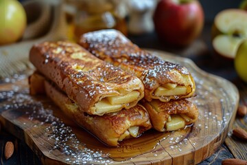 Wall Mural - French toast rolls filled with apple pie homemade sweet breakfast with sliced bread on a wooden board