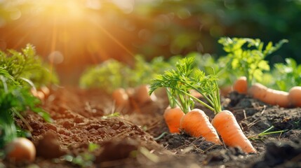 A field of carrots with the sun shining on them