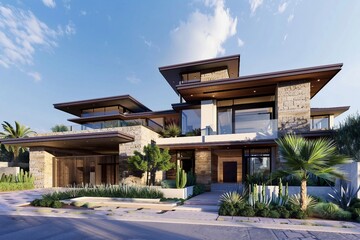 Wall Mural - Modern Luxury Home with Stone and Wood Facade