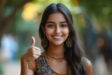 Indian pretty young woman showing Ok sign with thumbs up for approval, Generative AI