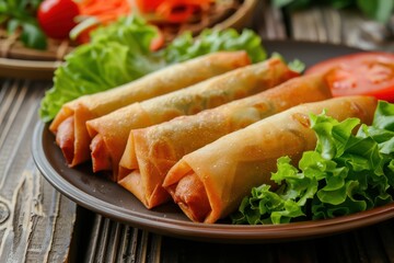 Fresh traditional Chinese spring rolls with salad and tomato in a dish Traditional Asian cuisine