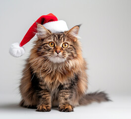 Wall Mural - Maine Coon cat in a red Santa Claus hat sits on a white background