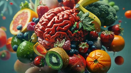 Poster - A brain is surrounded by a variety of fruits and vegetables