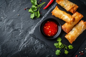 Sticker - Fried spring rolls with hot sauce and pickled ginger on stone slate plate