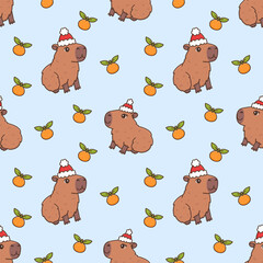 Winter background with cute animal capybaras in Santa hat. Seamless pattern with cartoon characters and citrus fruits tangerines. New Year illustration isolated on blue background. Merry Christmas