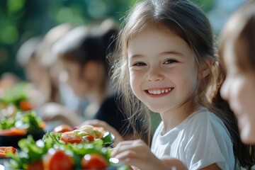 Happy and joyful children eating healthy food in the schoolyard. Back to school concept, Generative AI