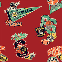 college athletic department sporting badges patchwork vintage vector seamless pattern for children k