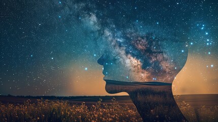 Wall Mural - A creative representation of inner peace with a human head outline filled with a starry night sky and a peaceful meadow, reflecting tranquility and vastness.