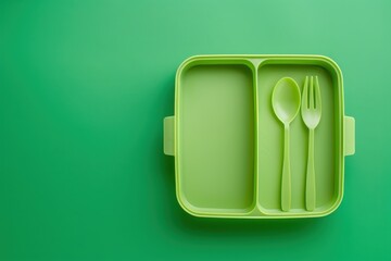 Green lunch box on green background top view for school and office with copy space