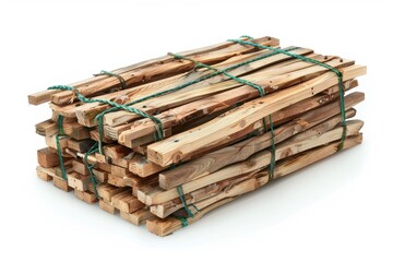 Wall Mural - Green ropes tie beautiful wooden planks suitable for furniture or handmade Old wood pallets in stacks bundle for recycling or reuse on white background