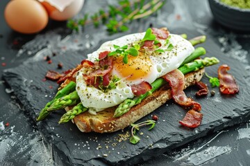 Wall Mural - Grilled bread with asparagus poached egg bacon on a stone background