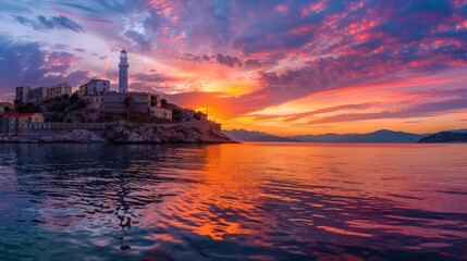 A beautiful sunset over the ocean with a lighthouse in the background