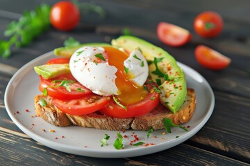 Wall Mural - Healthy breakfast option Toast with poached egg tomatoes avocado