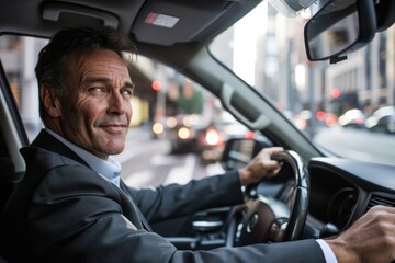 A man in a suit is driving a car in a busy city street