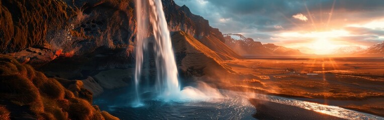 A waterfall is flowing into a river in a desert