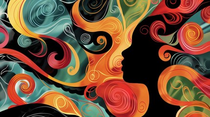 Aufkleber - Abstract Digital Illustration of a Woman's Silhouette Filled with Vibrant Swirling Patterns Symbolizing Feminist Diversity