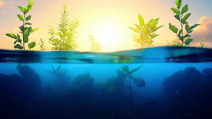 Poster - A beautiful underwater scene with plants and a sun shining on the water