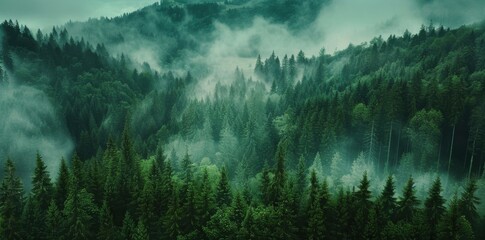 Wall Mural - A lush green forest with trees covered in mist