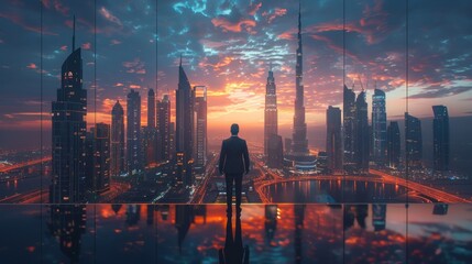 A man stands on a glass floor looking out over a city