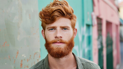 Wall Mural - Cool stylish young man with red hair, portrait on the street