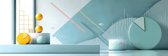Poster - A blue and white minimalist background with abstract geometric shapes and a pie chart symbolizing data, progress, analysis, and design.