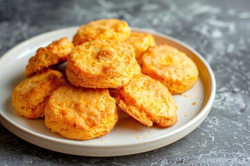 Poster - Homemade sweet potato buttermilk biscuits on white plate Top view with space for text