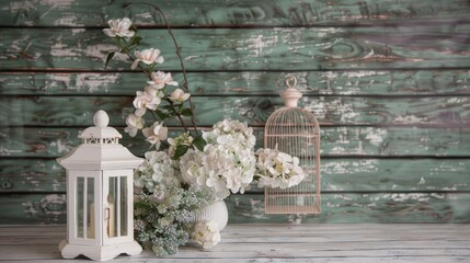 A stunning array of fresh flowers in shades of pink and white adorns a wooden table beside elegant lanterns in a bright garden