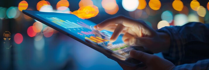 Poster - A businessman analyzes data on a tablet at night, with colorful city lights blurred in the background.  The image symbolizes business, technology, data analysis, progress, and success.