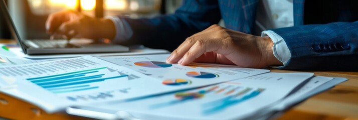 Poster - a businessman is reviewing financial data and charts, symbolizing analysis, strategy, planning, grow