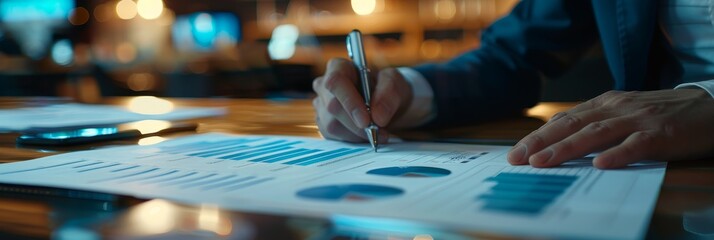 Poster - A businessman meticulously reviews financial data, analyzing graphs and charts, demonstrating focus and strategy in business.