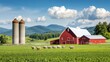 © Jenjira - A picturesque farm scene featuring a red barn, silos, green fields, and grazing sheep against a backdrop of rolling mountains.