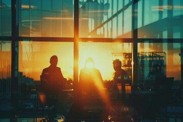 Wall Mural - Silhouettes of people against the window. A team of young businessman working and communicating together in an office. Corporate business team and manager in a, Generative AI