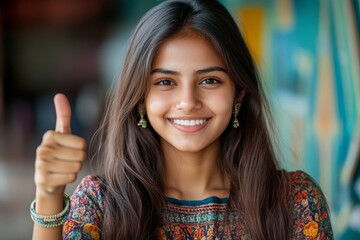 Indian pretty young woman showing Ok sign with thumbs up for approval, Generative AI