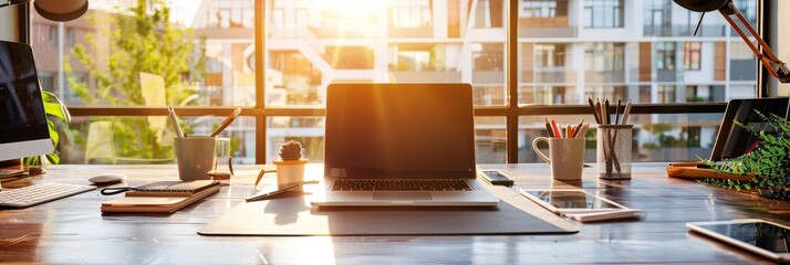 Poster - A clean and organized workspace with a laptop computer, a potted plant, and a window with a bright city view, symbolizing productivity, creativity, and success.