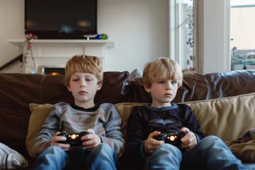 Adorable boys playing video game sitting on sofa at home, Generative AI