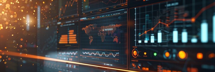 Poster - A close-up of a digital display showing a world map, charts, and graphs, symbolizing data analysis, global connectivity, market trends, financial performance, and technology.