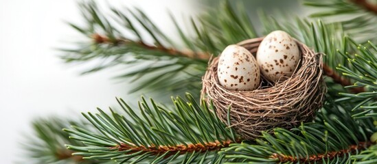 Bird's Nest with Two Eggs on Pine Branch